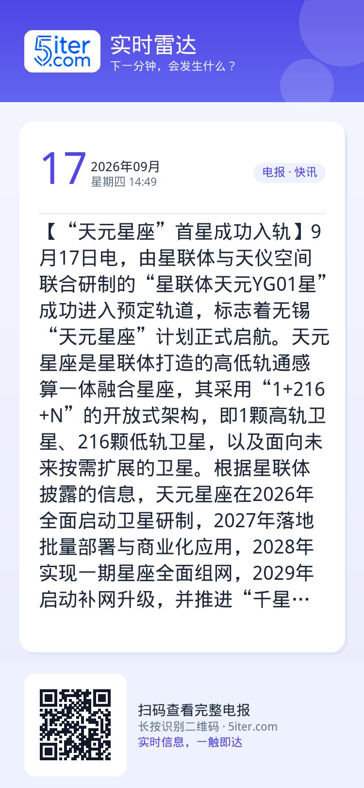 【“天元星座”首星成功入轨】9月17日电，由星联体与天仪空间联合研制的“星联体天元YG01星”成功进入预定轨道，标志着无