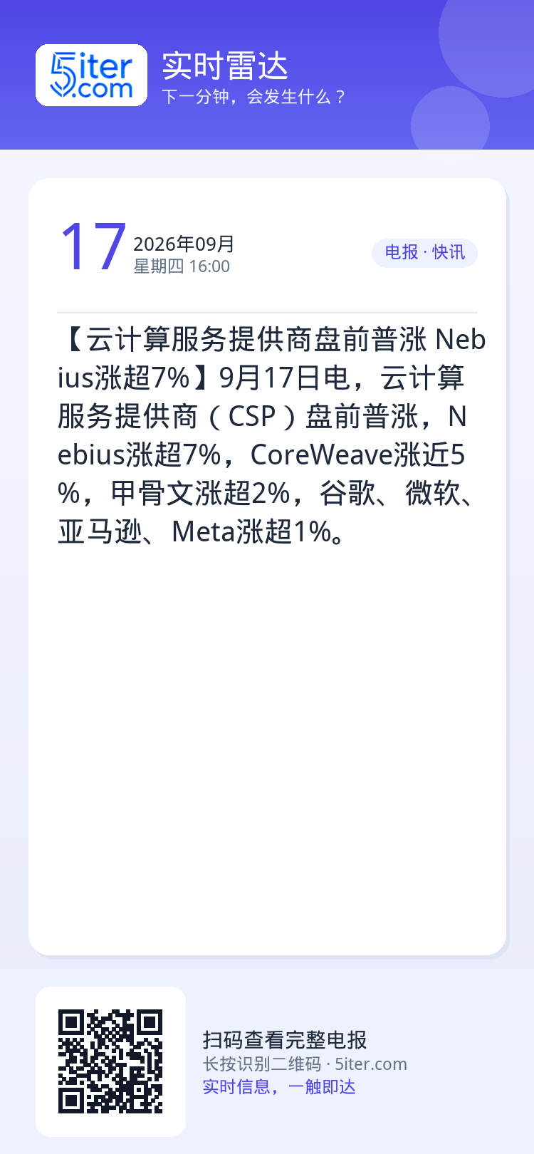 【云计算服务提供商盘前普涨 Nebius涨超7%】9月17日电，云计算服务提供商（CSP）盘前普涨，Nebius涨超7%