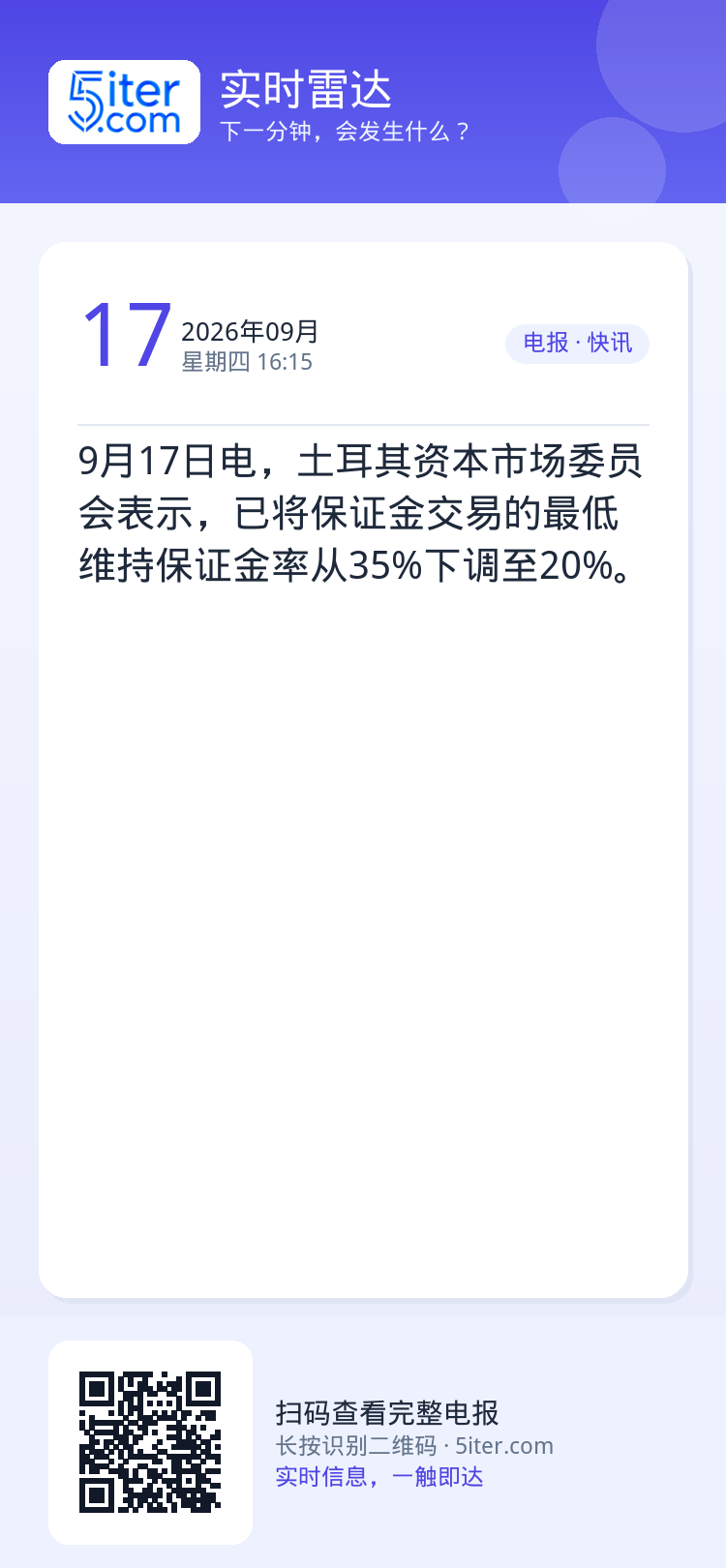 9月17日电，土耳其资本市场委员会表示，已将保证金交易的最低维持保证金率从35%下调至20%。