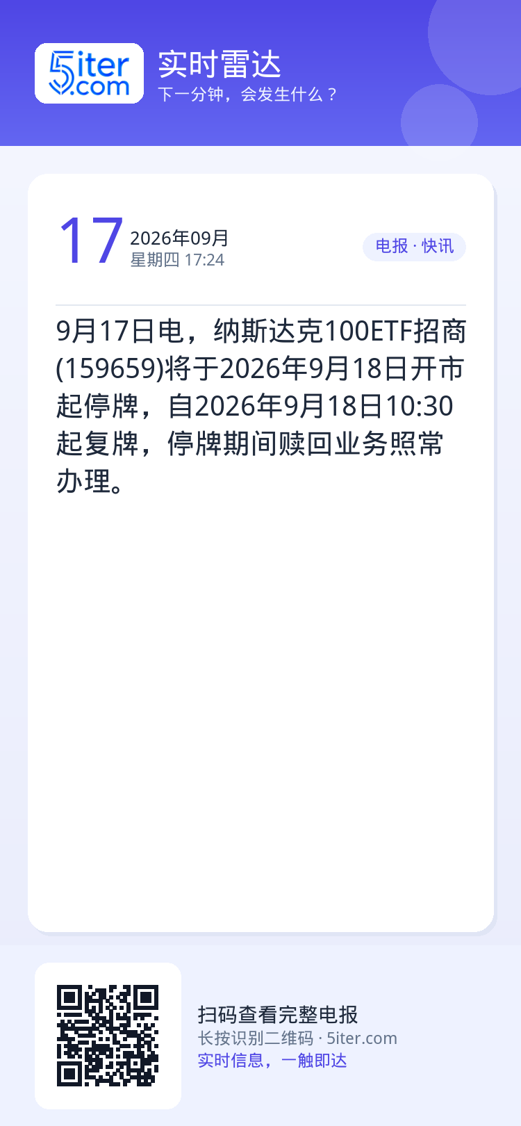 9月17日电，纳斯达克100ETF招商(159659)将于2026年9月18日开市起停牌，自2026年9月18日10:3