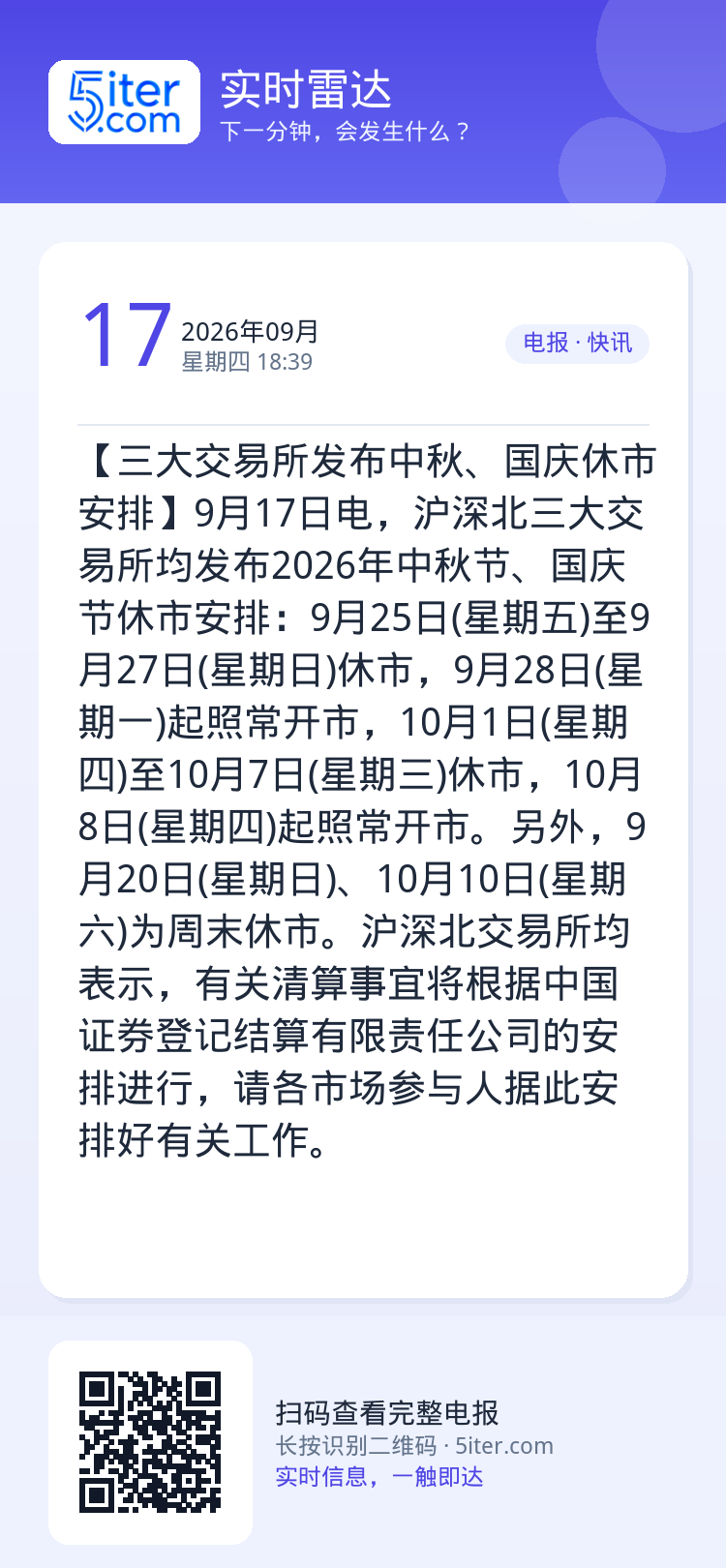 【三大交易所发布中秋、国庆休市安排】9月17日电，沪深北三大交易所均发布2026年中秋节、国庆节休市安排：9月25日(星