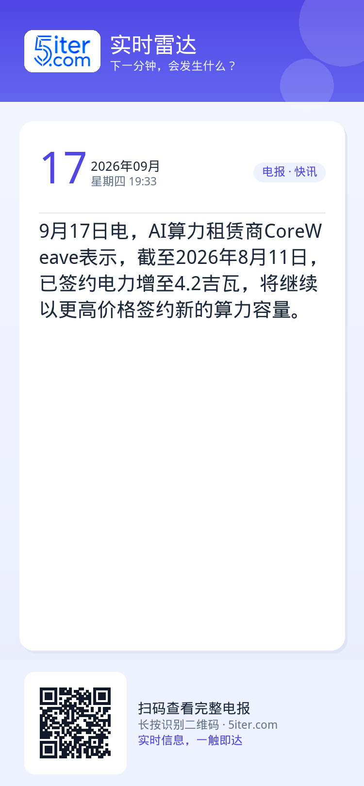 9月17日电，AI算力租赁商CoreWeave表示，截至2026年8月11日，已签约电力增至4.2吉瓦，将继续以更高价格