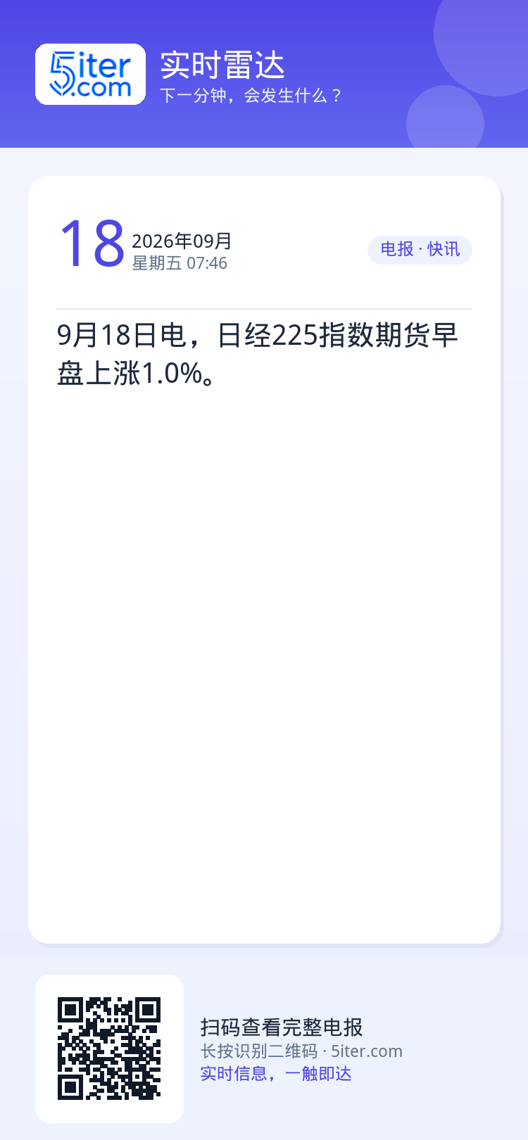 9月18日电，日经225指数期货早盘上涨1.0%。