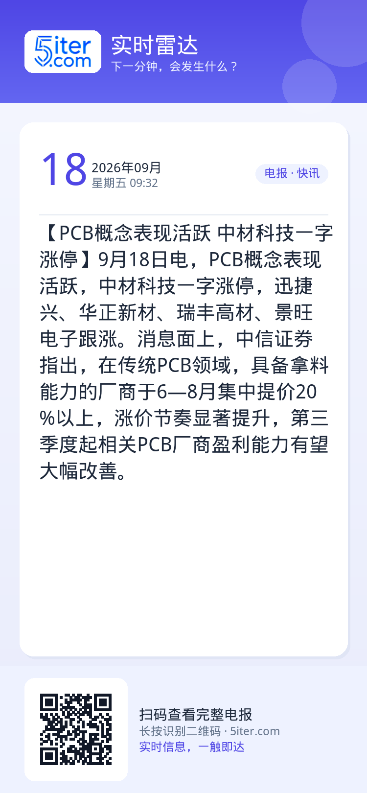 【PCB概念表现活跃 中材科技一字涨停】9月18日电，PCB概念表现活跃，中材科技一字涨停，迅捷兴、华正新材、瑞丰高材、