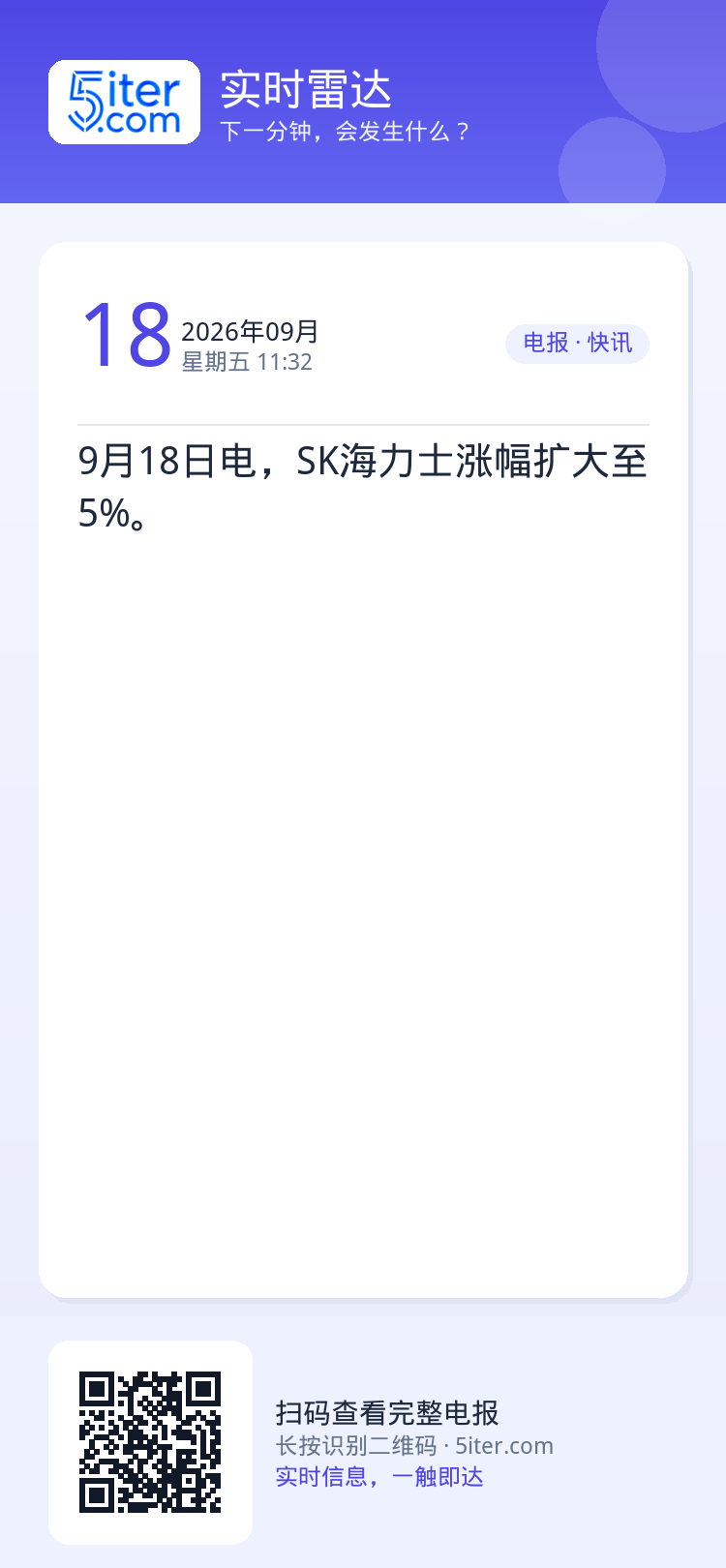 9月18日电，SK海力士涨幅扩大至5%。