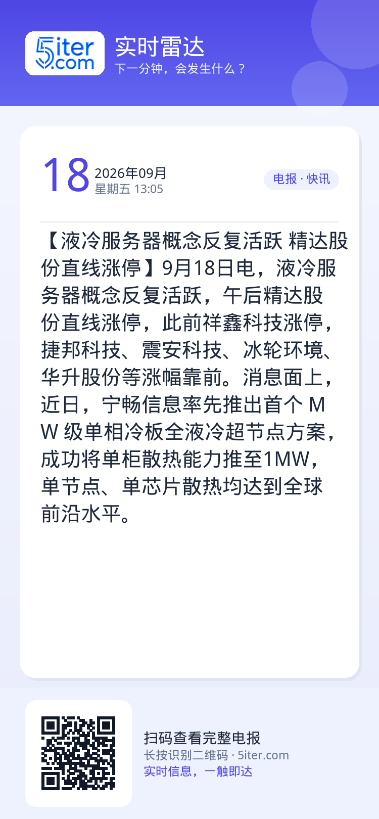 【液冷服务器概念反复活跃 精达股份直线涨停】9月18日电，液冷服务器概念反复活跃，午后精达股份直线涨停，此前祥鑫科技涨停