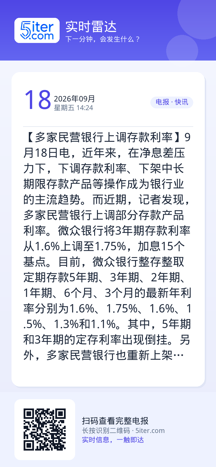 【多家民营银行上调存款利率】9月18日电，近年来，在净息差压力下，下调存款利率、下架中长期限存款产品等操作成为银行业的主