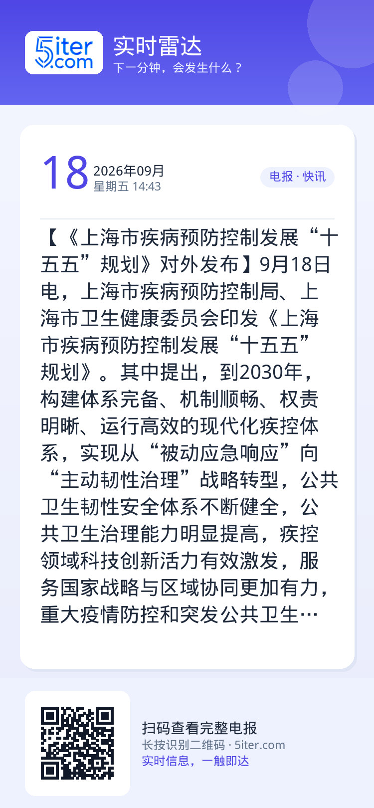 【《上海市疾病预防控制发展“十五五”规划》对外发布】9月18日电，上海市疾病预防控制局、上海市卫生健康委员会印发《上海市