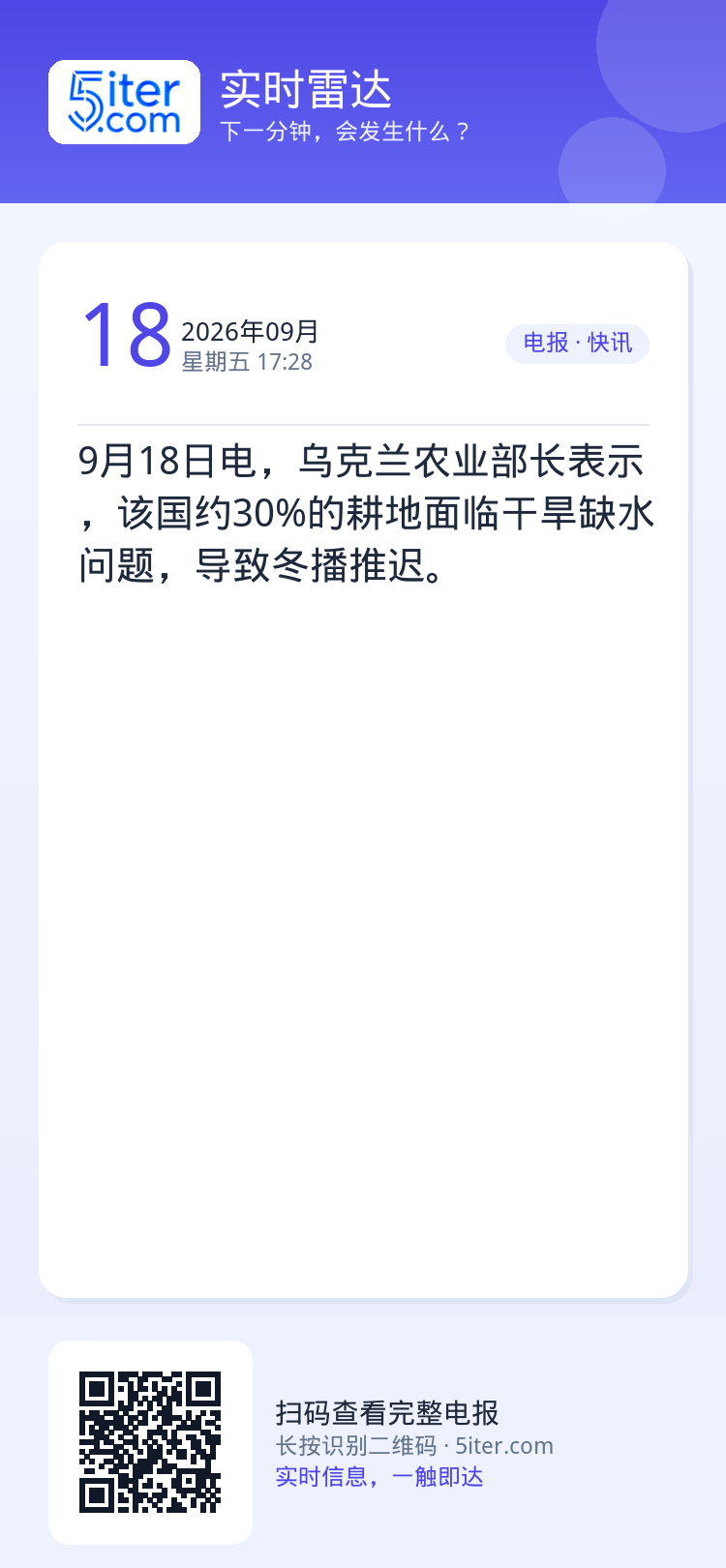 9月18日电，乌克兰农业部长表示，该国约30%的耕地面临干旱缺水问题，导致冬播推迟。