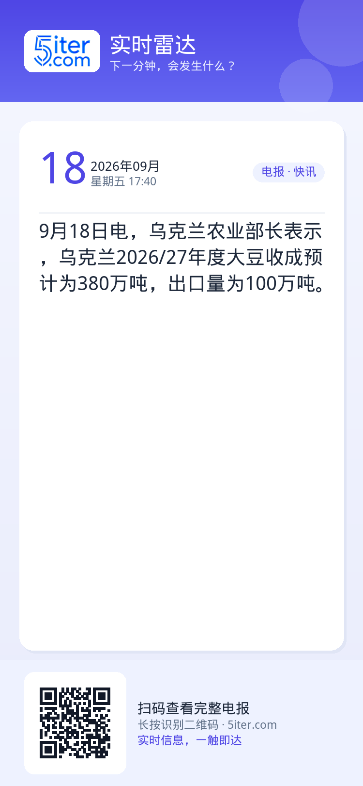 9月18日电，乌克兰农业部长表示，乌克兰2026/27年度大豆收成预计为380万吨，出口量为100万吨。
