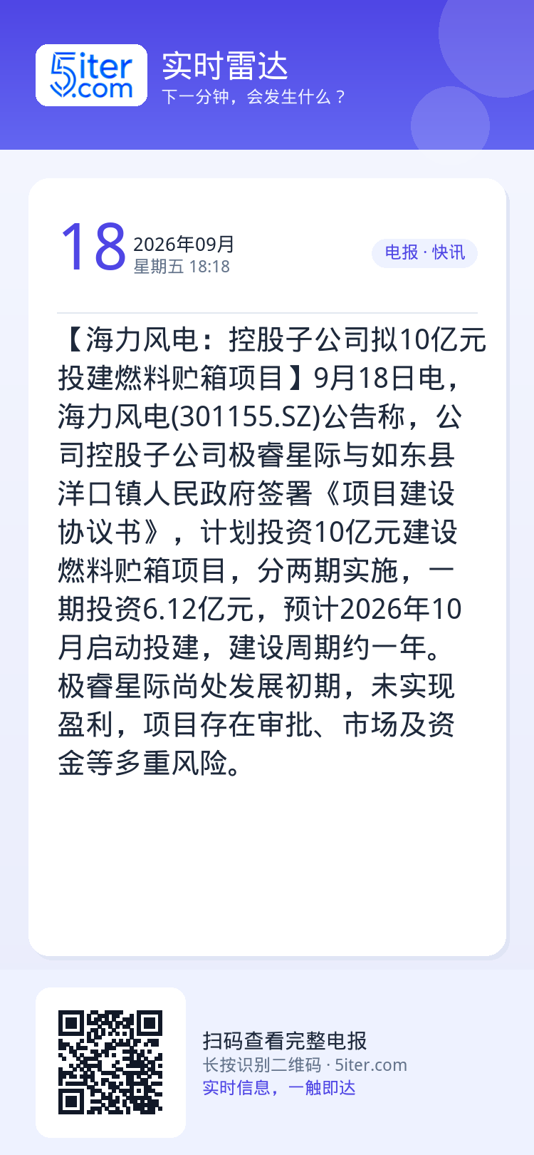 【海力风电：控股子公司拟10亿元投建燃料贮箱项目】9月18日电，海力风电(301155.SZ)公告称，公司控股子公司极睿