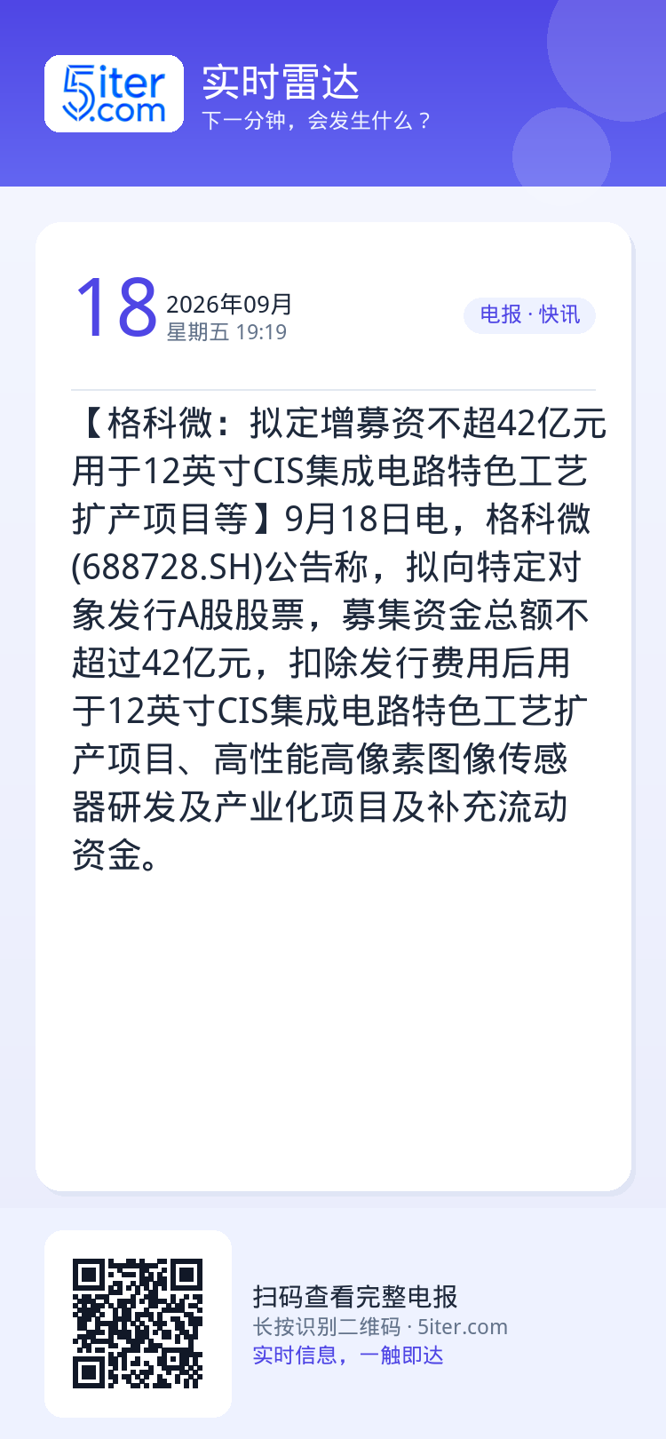 【格科微：拟定增募资不超42亿元 用于12英寸CIS集成电路特色工艺扩产项目等】9月18日电，格科微(688728.SH