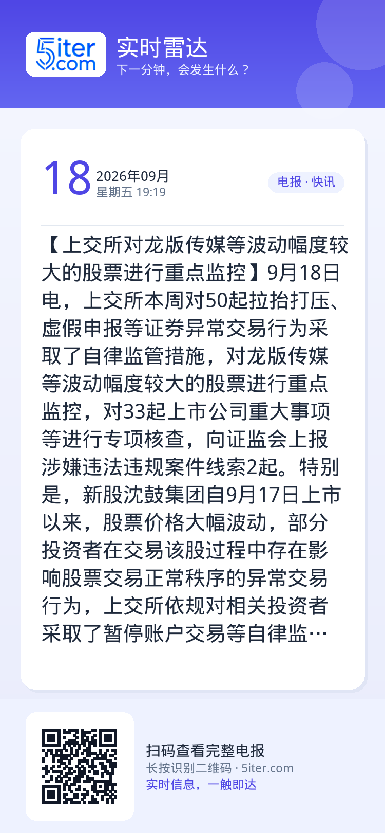 【上交所对龙版传媒等波动幅度较大的股票进行重点监控】9月18日电，上交所本周对50起拉抬打压、虚假申报等证券异常交易行为