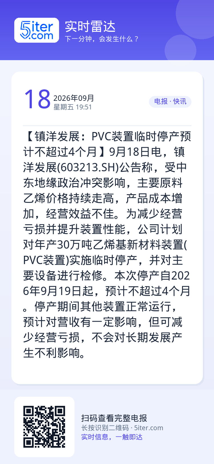 【镇洋发展：PVC装置临时停产预计不超过4个月】9月18日电，镇洋发展(603213.SH)公告称，受中东地缘政治冲突影