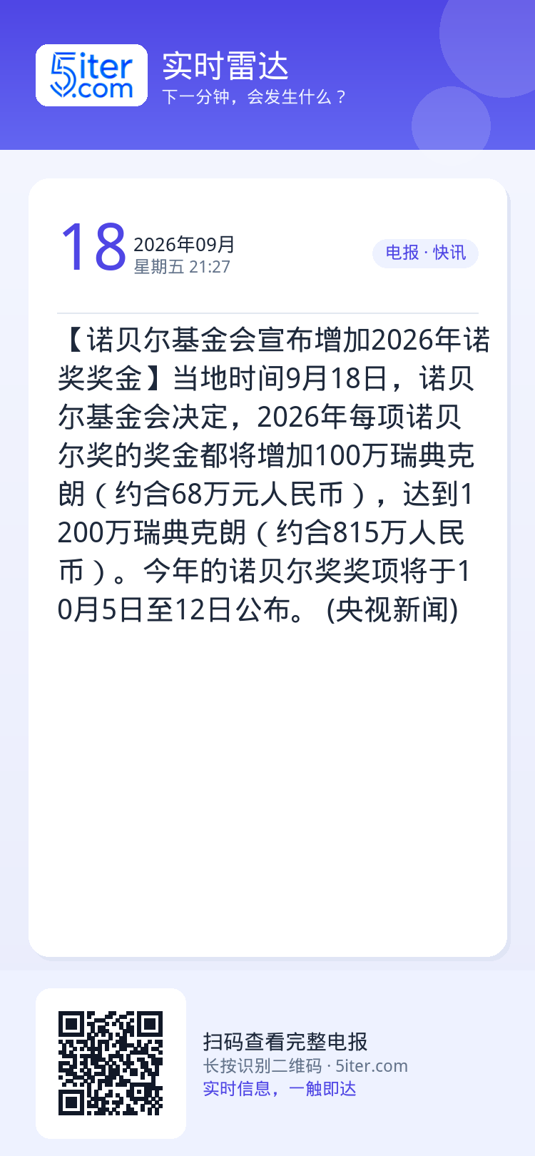 【诺贝尔基金会宣布增加2026年诺奖奖金】当地时间9月18日，诺贝尔基金会决定，2026年每项诺贝尔奖的奖金都将增加10
