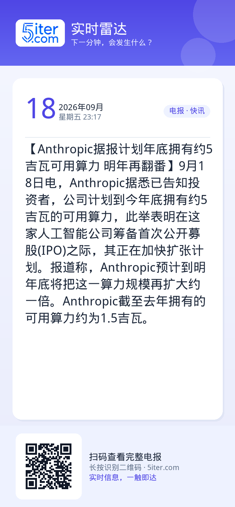 【Anthropic据报计划年底拥有约5吉瓦可用算力 明年再翻番】9月18日电，Anthropic据悉已告知投资者，公司