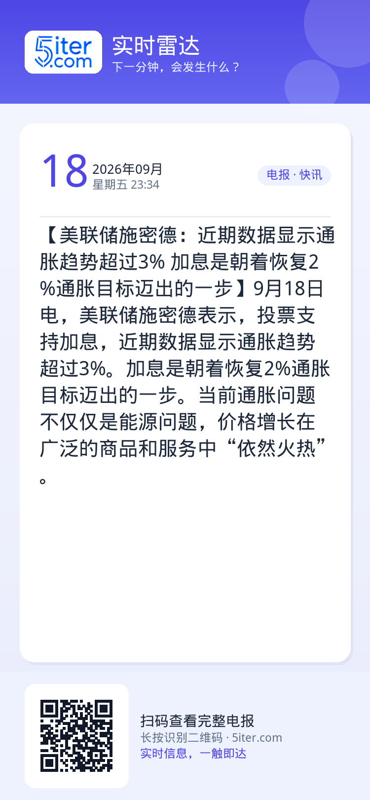 【美联储施密德：近期数据显示通胀趋势超过3% 加息是朝着恢复2%通胀目标迈出的一步】9月18日电，美联储施密德表示，投票
