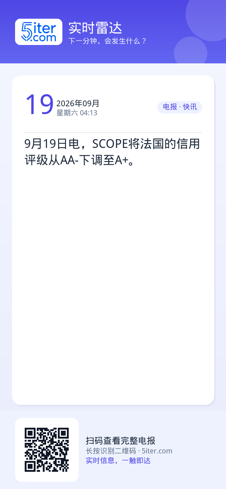 9月19日电，SCOPE将法国的信用评级从AA-下调至A+。