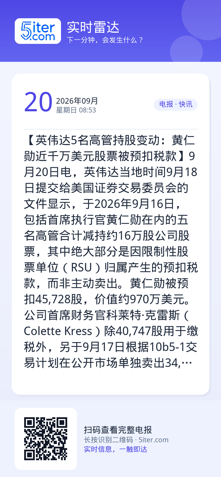 【英伟达5名高管持股变动：黄仁勋近千万美元股票被预扣税款】9月20日电，英伟达当地时间9月18日提交给美国证券交易委员会