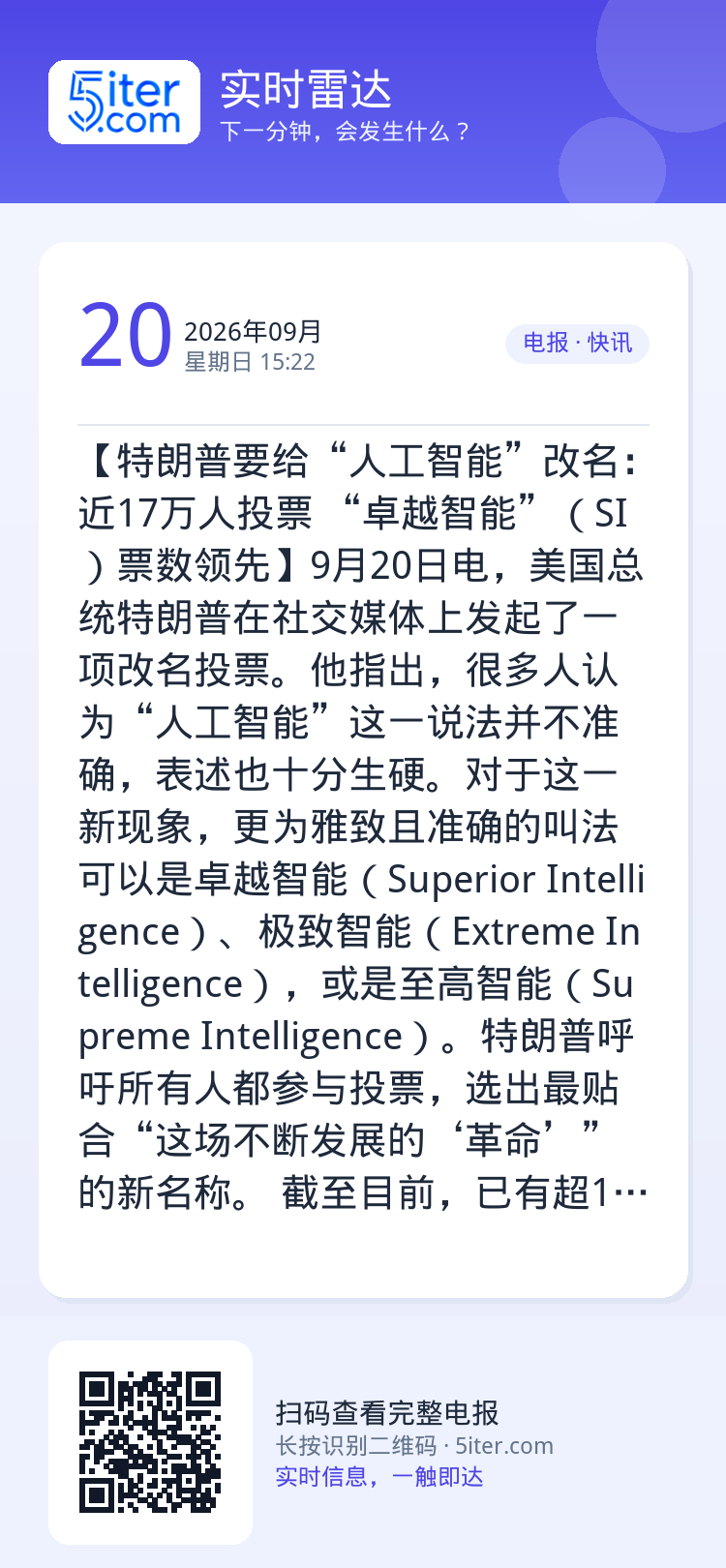 【特朗普要给“人工智能”改名：近17万人投票 “卓越智能”（SI）票数领先】9月20日电，美国总统特朗普在社交媒体上发起
