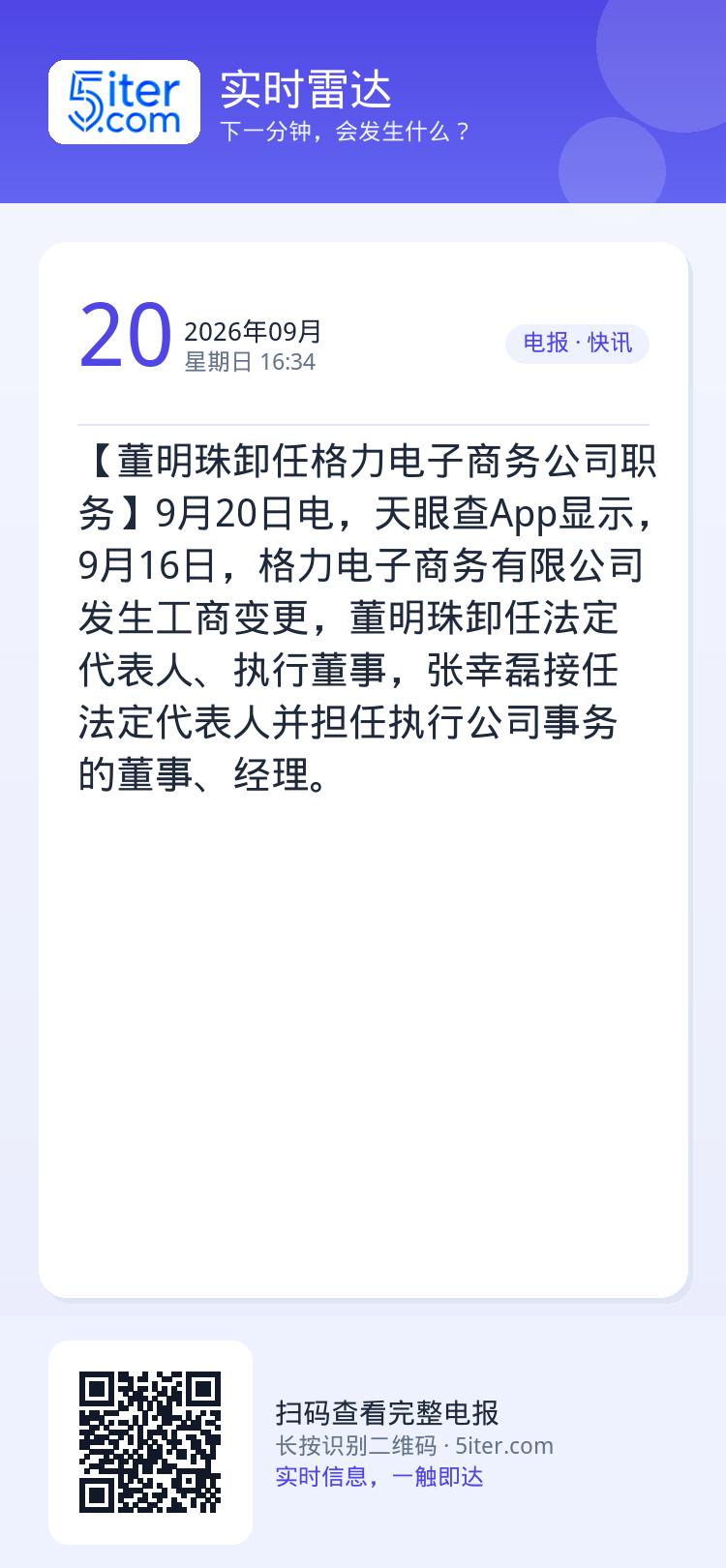 【董明珠卸任格力电子商务公司职务】9月20日电，天眼查App显示，9月16日，格力电子商务有限公司发生工商变更，董明珠卸