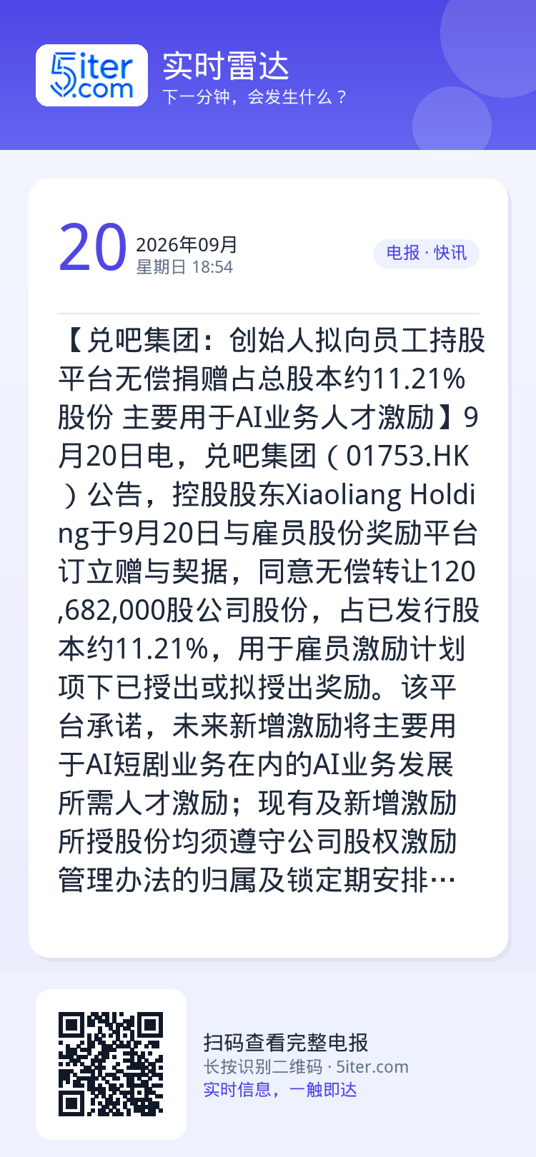 【兑吧集团：创始人拟向员工持股平台无偿捐赠占总股本约11.21%股份 主要用于AI业务人才激励】9月20日电，兑吧集团（