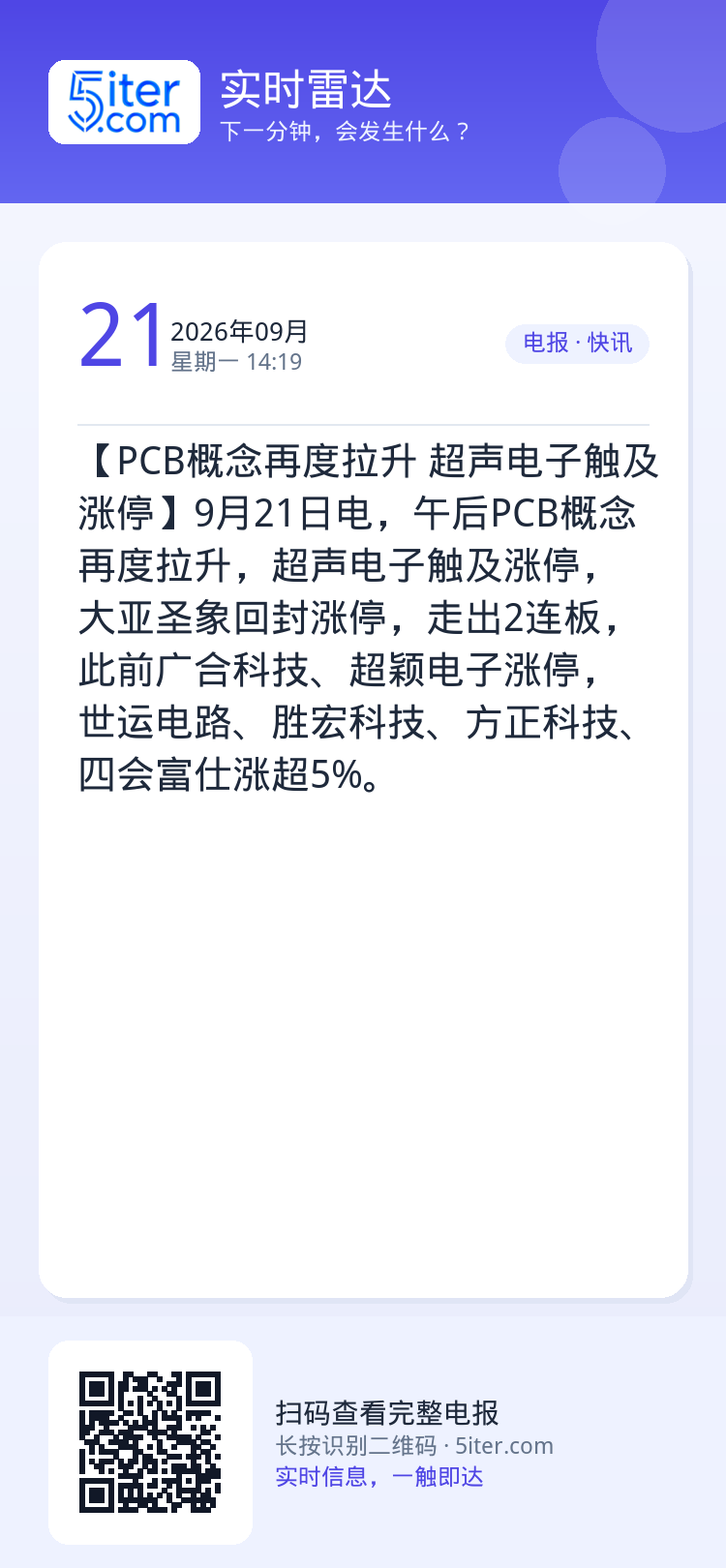 【PCB概念再度拉升 超声电子触及涨停】9月21日电，午后PCB概念再度拉升，超声电子触及涨停，大亚圣象回封涨停，走出2