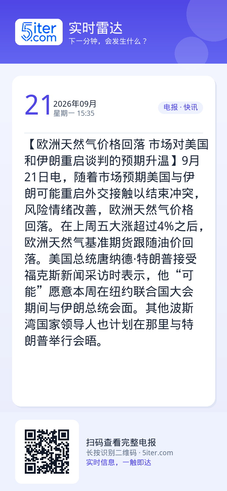 【欧洲天然气价格回落 市场对美国和伊朗重启谈判的预期升温】9月21日电，随着市场预期美国与伊朗可能重启外交接触以结束冲突