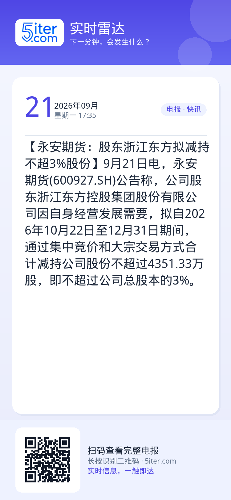 【永安期货：股东浙江东方拟减持不超3%股份】9月21日电，永安期货(600927.SH)公告称，公司股东浙江东方控股集团
