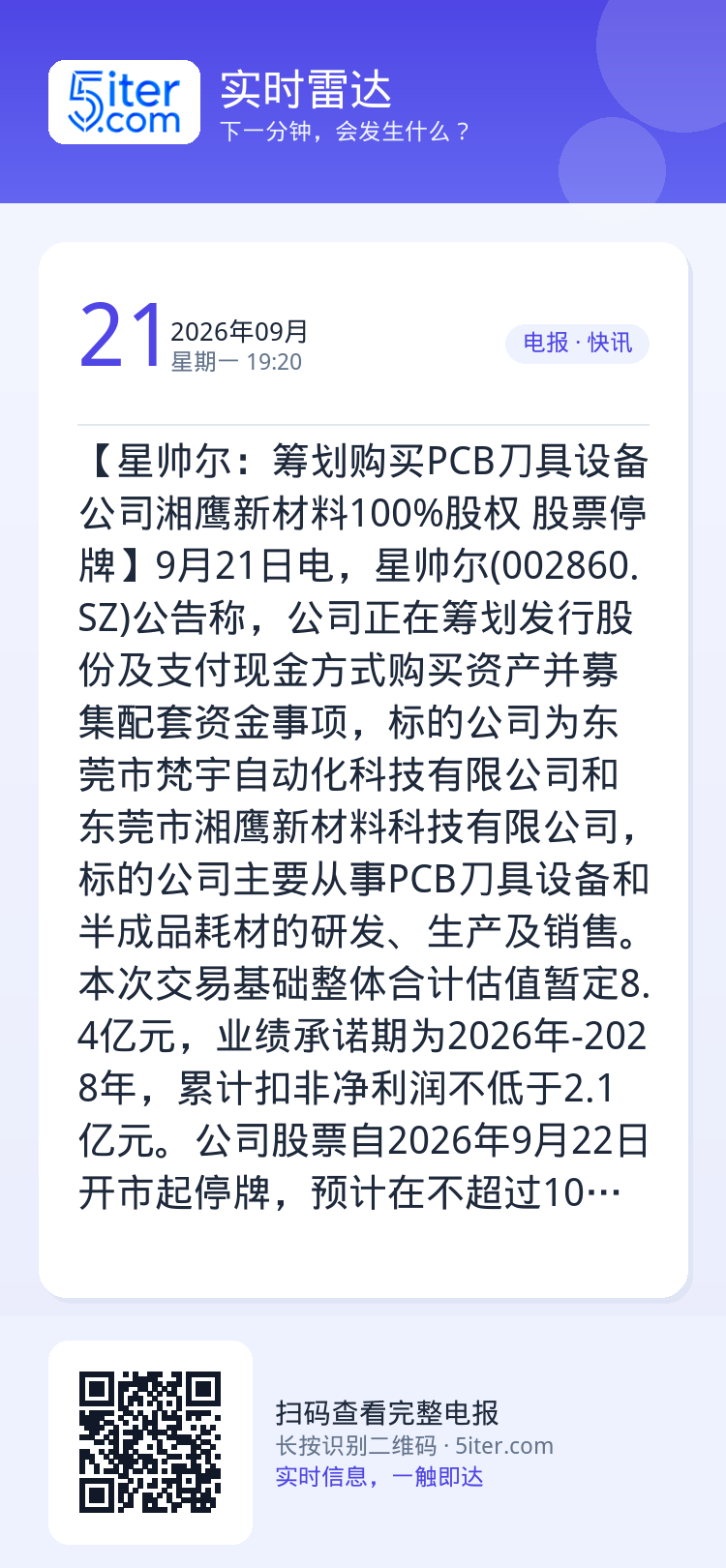 【星帅尔：筹划购买PCB刀具设备公司湘鹰新材料100%股权 股票停牌】9月21日电，星帅尔(002860.SZ)公告称，