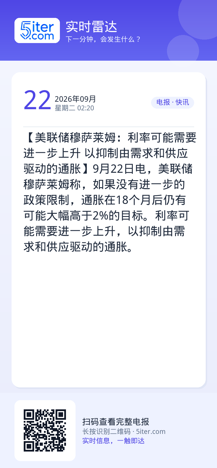 【美联储穆萨莱姆：利率可能需要进一步上升 以抑制由需求和供应驱动的通胀】9月22日电，美联储穆萨莱姆称，如果没有进一步的