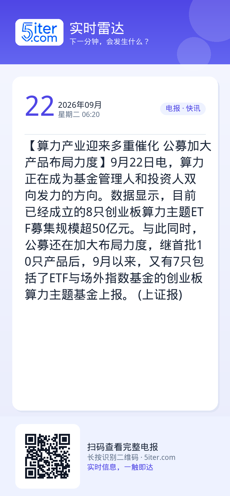 【算力产业迎来多重催化 公募加大产品布局力度】9月22日电，算力正在成为基金管理人和投资人双向发力的方向。数据显示，目前