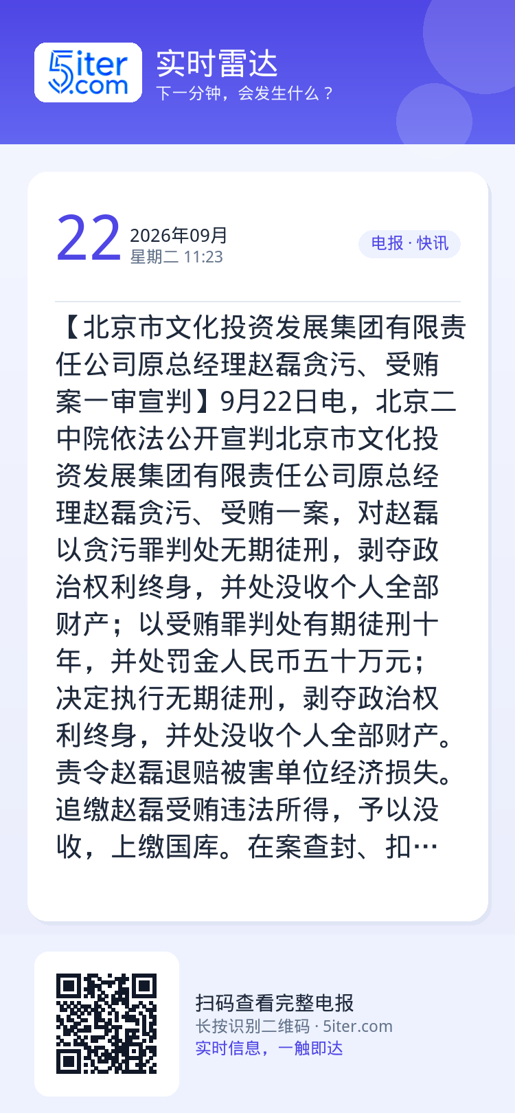 【北京市文化投资发展集团有限责任公司原总经理赵磊贪污、受贿案一审宣判】9月22日电，北京二中院依法公开宣判北京市文化投资