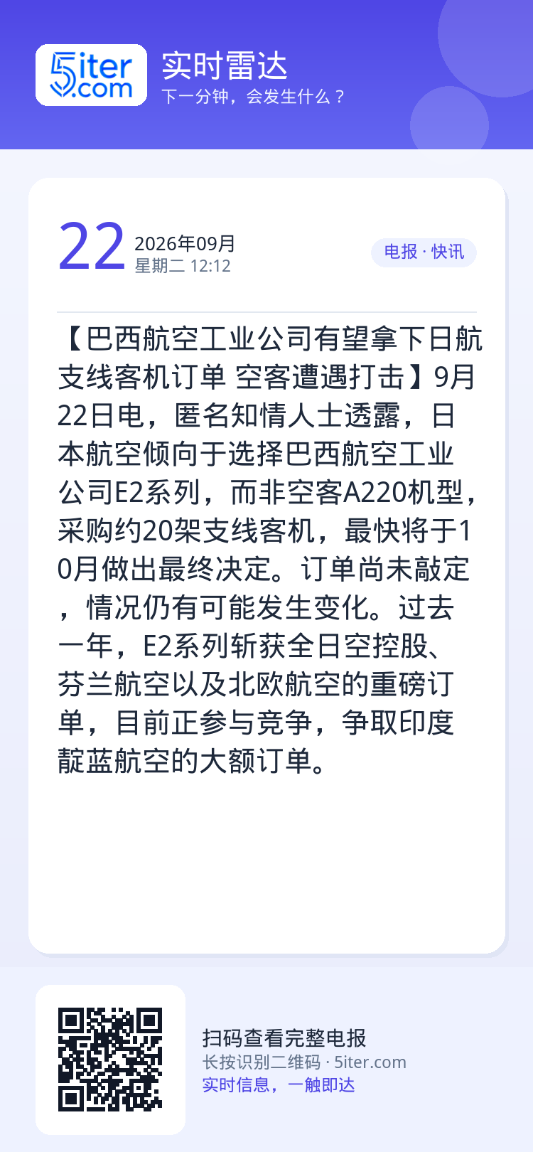 【巴西航空工业公司有望拿下日航支线客机订单 空客遭遇打击】9月22日电，匿名知情人士透露，日本航空倾向于选择巴西航空工业
