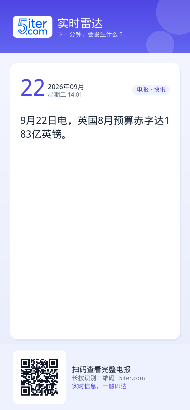9月22日电，英国8月预算赤字达183亿英镑。