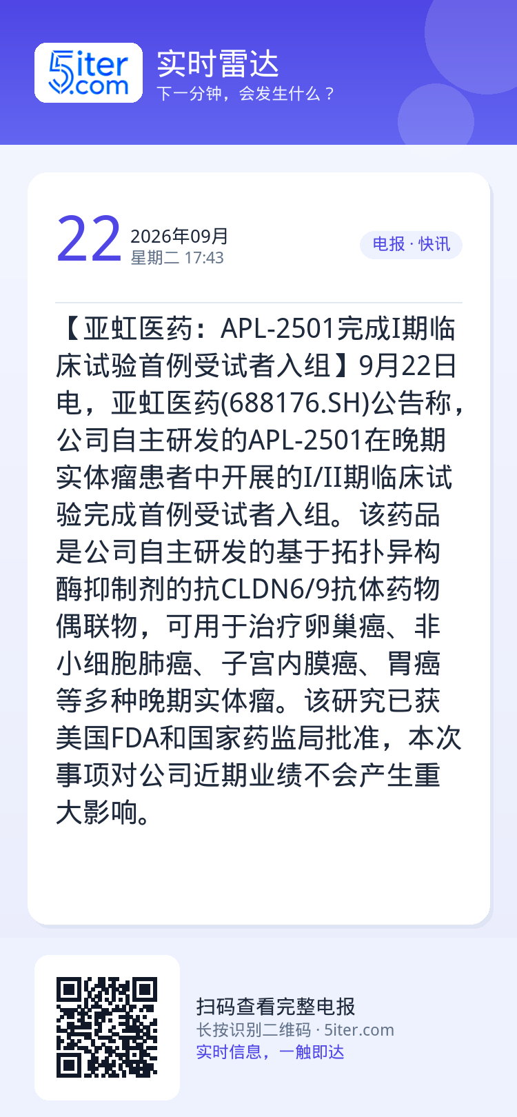 【亚虹医药：APL-2501完成I期临床试验首例受试者入组】9月22日电，亚虹医药(688176.SH)公告称，公司自主