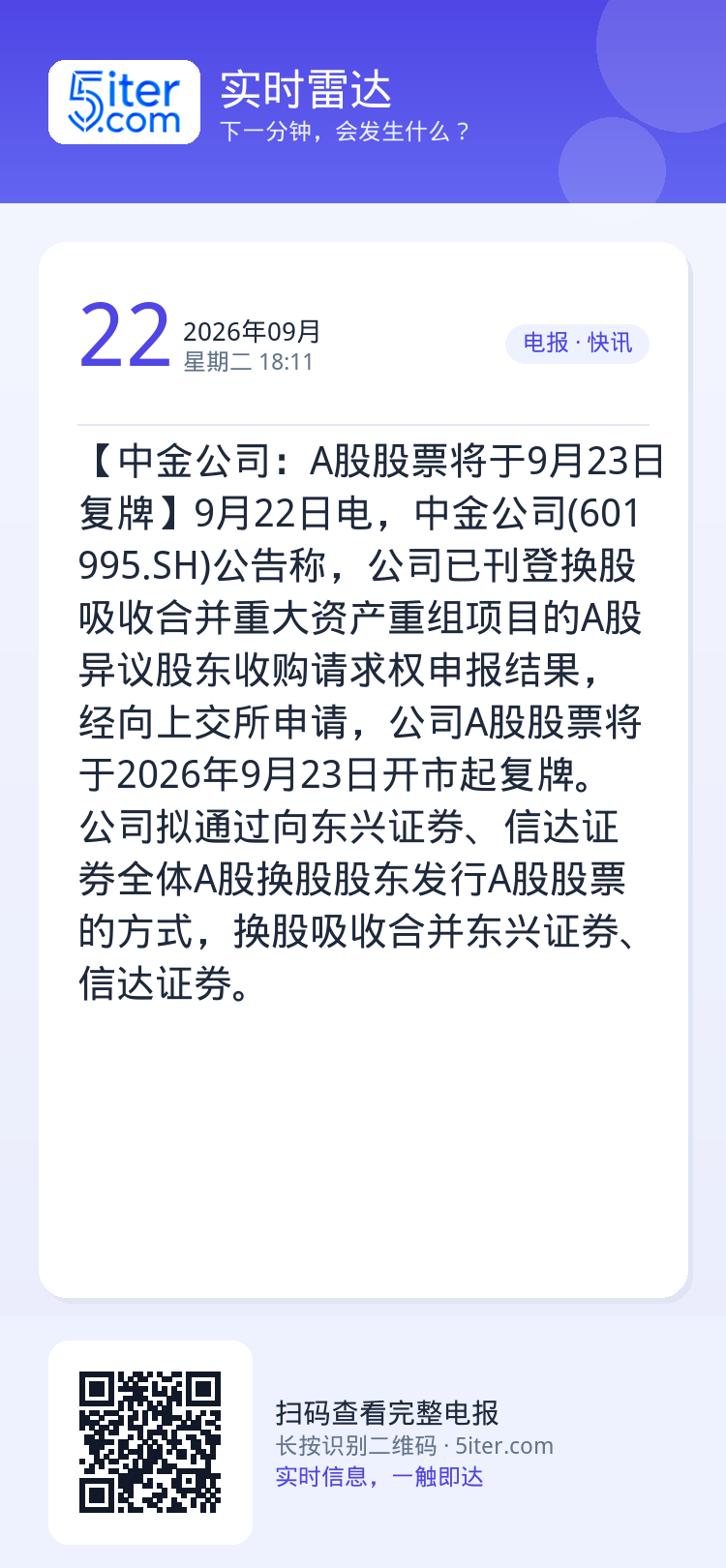 【中金公司：A股股票将于9月23日复牌】9月22日电，中金公司(601995.SH)公告称，公司已刊登换股吸收合并重大资