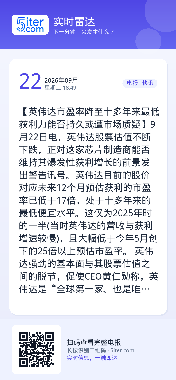 【英伟达市盈率降至十多年来最低 获利力能否持久或遭市场质疑】9月22日电，英伟达股票估值不断下跌，正对这家芯片制造商能否