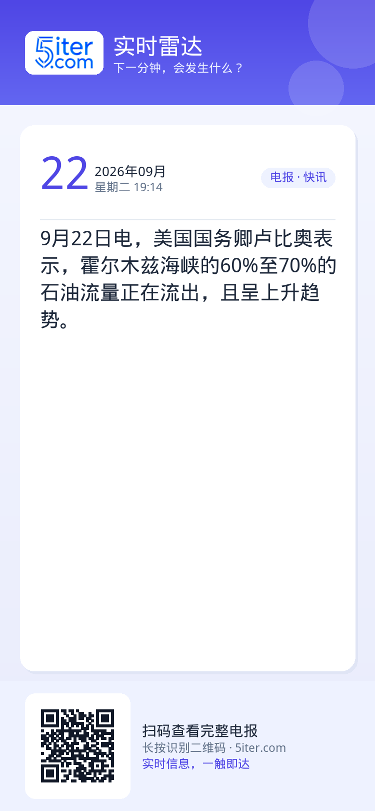 9月22日电，美国国务卿卢比奥表示，霍尔木兹海峡的60%至70%的石油流量正在流出，且呈上升趋势。