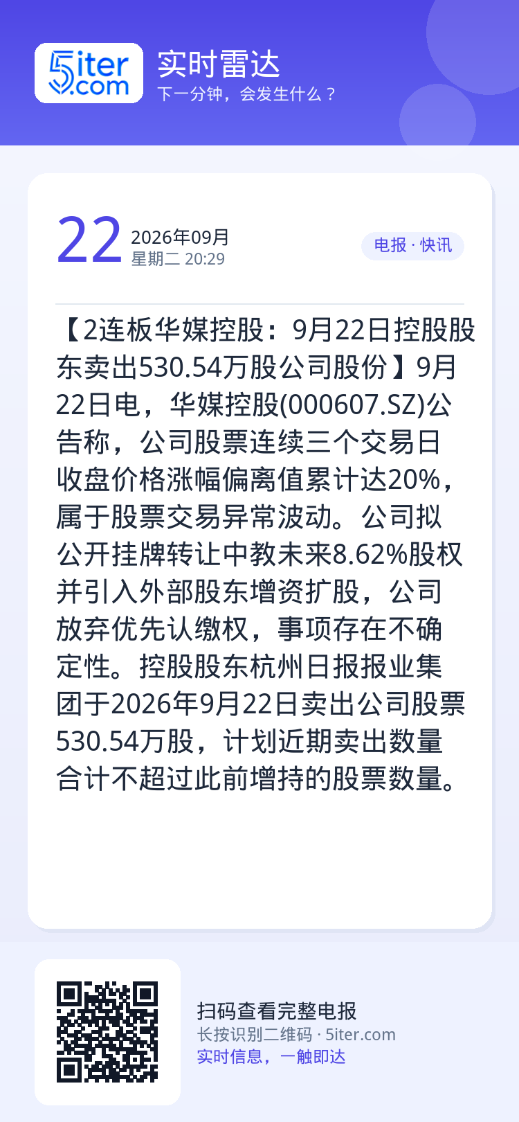 【2连板华媒控股：9月22日控股股东卖出530.54万股公司股份】9月22日电，华媒控股(000607.SZ)公告称，公