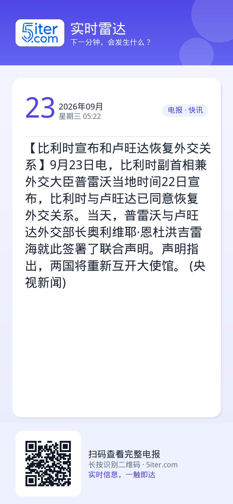 【比利时宣布和卢旺达恢复外交关系】9月23日电，比利时副首相兼外交大臣普雷沃当地时间22日宣布，比利时与卢旺达已同意恢复