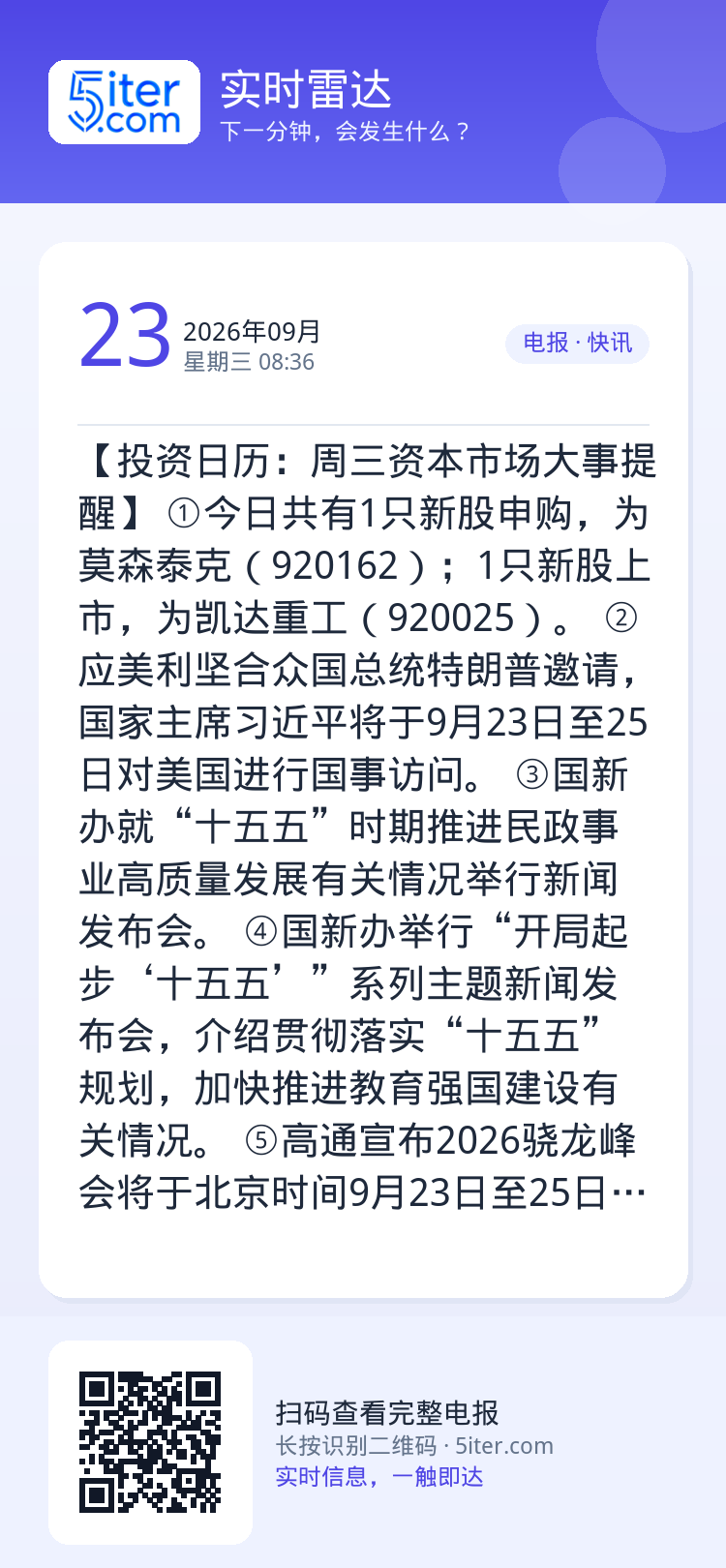 【投资日历：周三资本市场大事提醒】
①今日共有1只新股申购，为莫森泰克（920162）；1只新股上市，为凯达重工（920