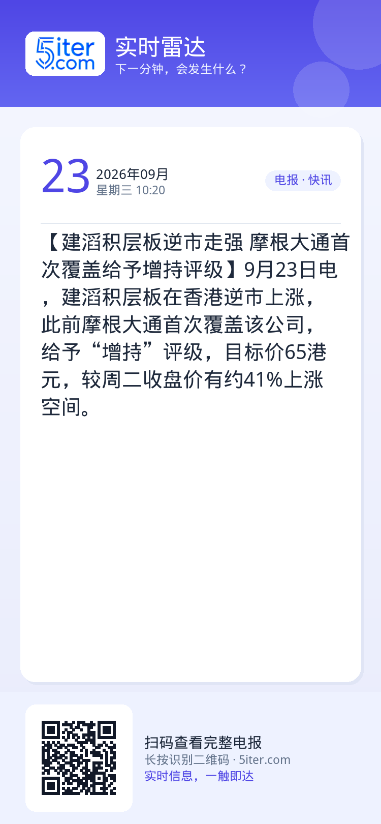 【建滔积层板逆市走强 摩根大通首次覆盖给予增持评级】9月23日电，建滔积层板在香港逆市上涨，此前摩根大通首次覆盖该公司，