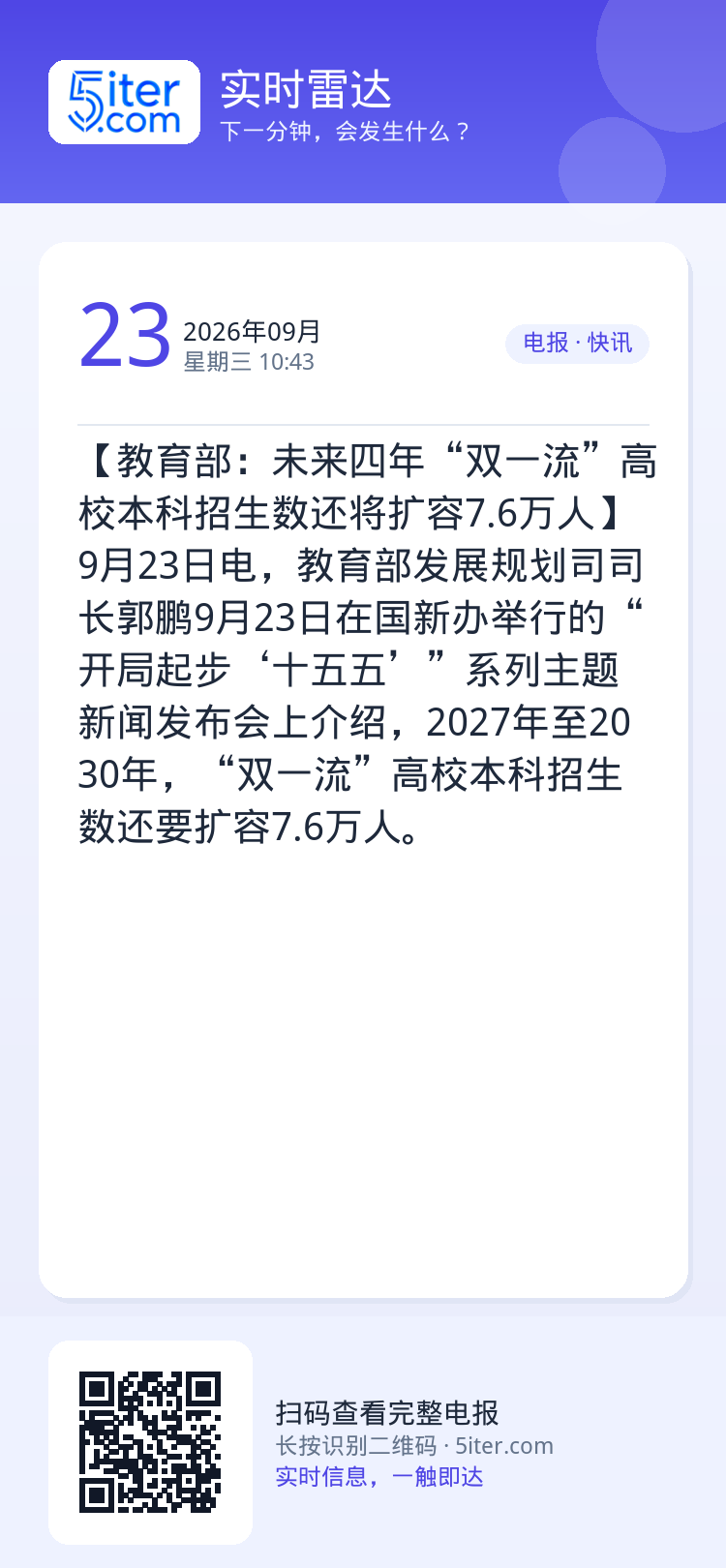 【教育部：未来四年“双一流”高校本科招生数还将扩容7.6万人】9月23日电，教育部发展规划司司长郭鹏9月23日在国新办举