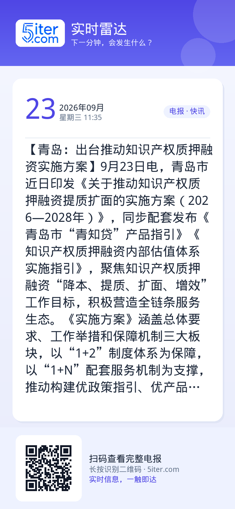 【青岛：出台推动知识产权质押融资实施方案】9月23日电，青岛市近日印发《关于推动知识产权质押融资提质扩面的实施方案（20