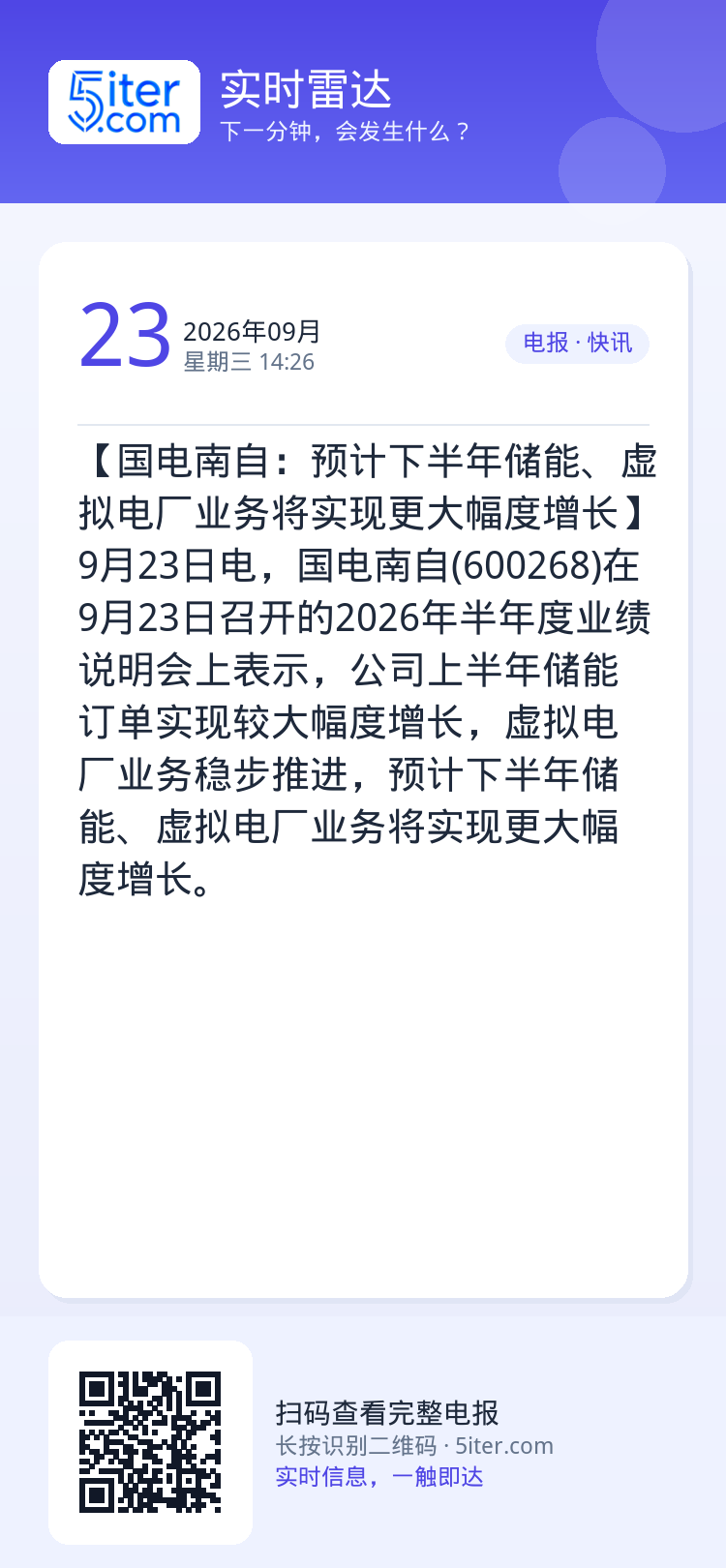 【国电南自：预计下半年储能、虚拟电厂业务将实现更大幅度增长】9月23日电，国电南自(600268)在9月23日召开的20