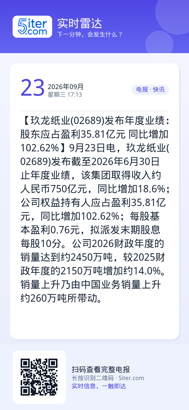 【玖龙纸业(02689)发布年度业绩：股东应占盈利35.81亿元 同比增加102.62%】9月23日电，玖龙纸业(026