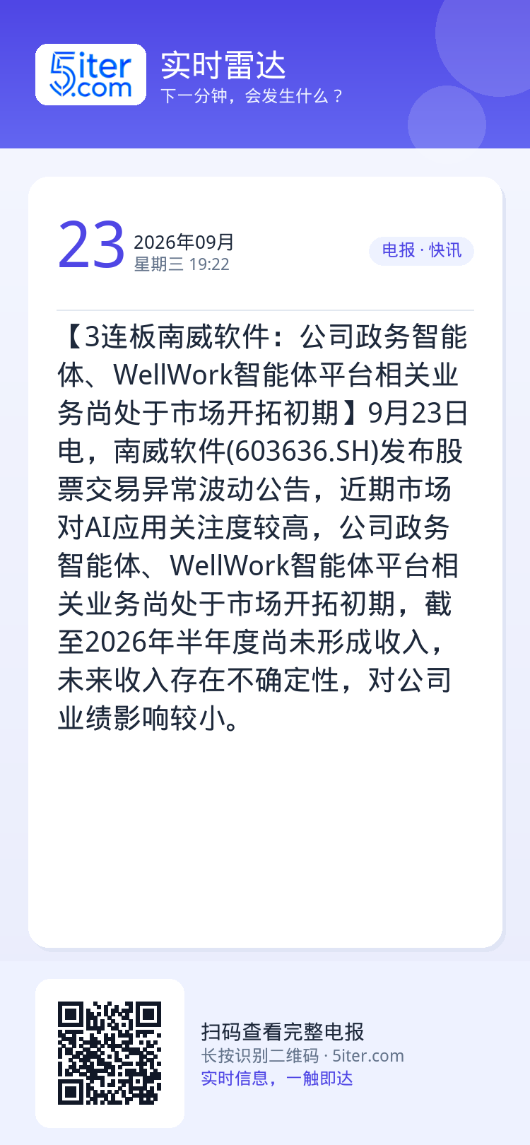 【3连板南威软件：公司政务智能体、WellWork智能体平台相关业务尚处于市场开拓初期】9月23日电，南威软件(6036