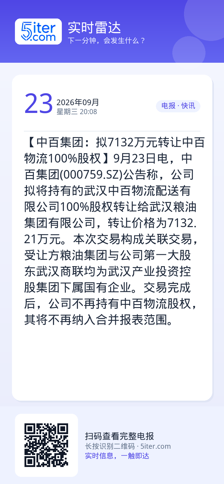 【中百集团：拟7132万元转让中百物流100%股权】9月23日电，中百集团(000759.SZ)公告称，公司拟将持有的武