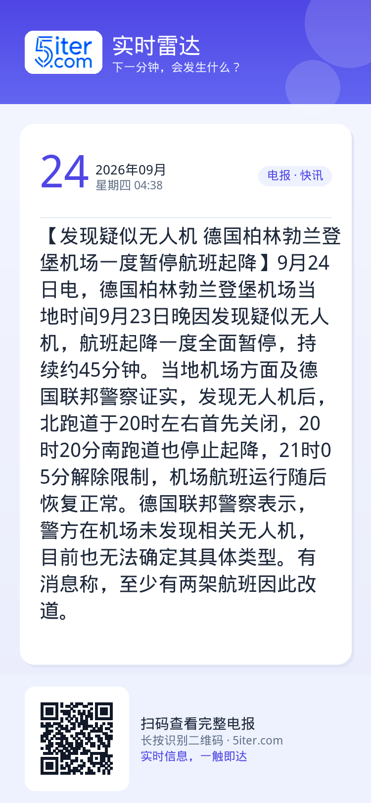 【发现疑似无人机 德国柏林勃兰登堡机场一度暂停航班起降】9月24日电，德国柏林勃兰登堡机场当地时间9月23日晚因发现疑似